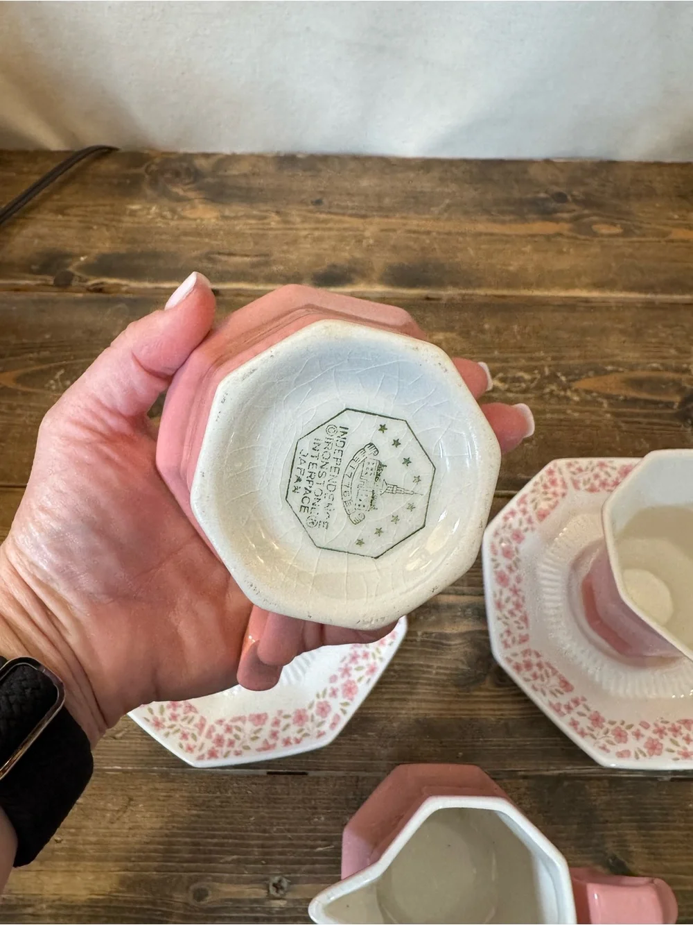 Independence Ironstone Interpace Creamer and  2 Teacup Sets